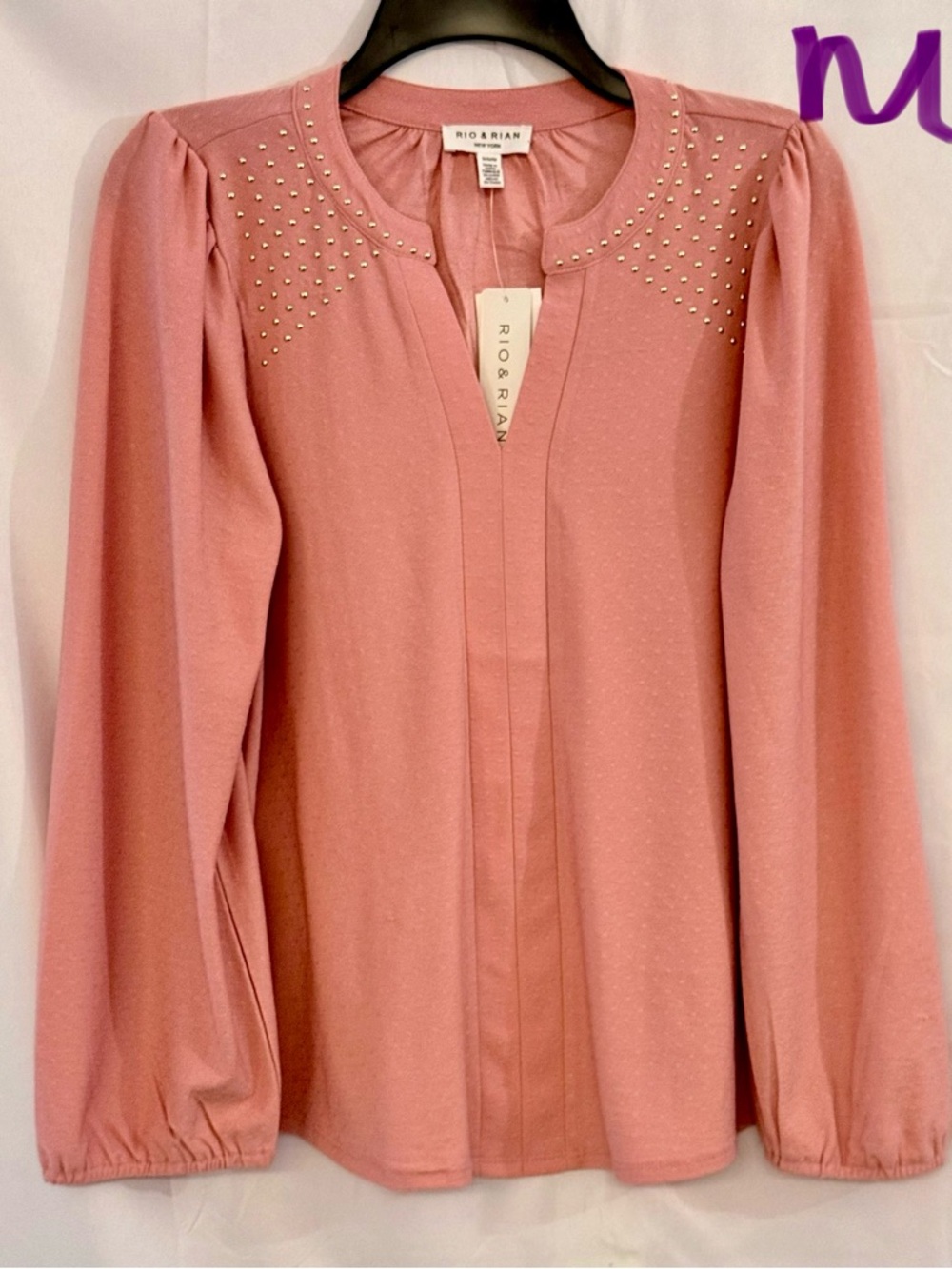 Rio & Rian Dusty Rose Long-Sleeve Studded Shoulder Top